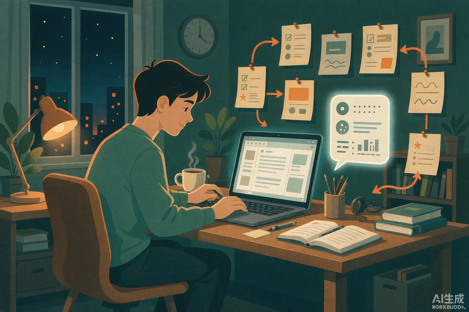 A writer's desk at night, editing AI-assisted drafts